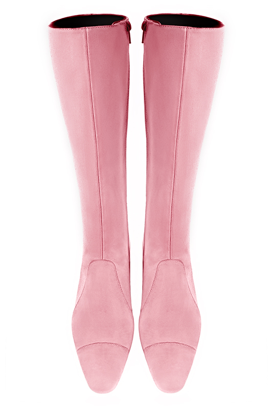 Carnation pink women's feminine knee-high boots. Round toe. Flat block heels. Made to measure. Top view - Florence KOOIJMAN